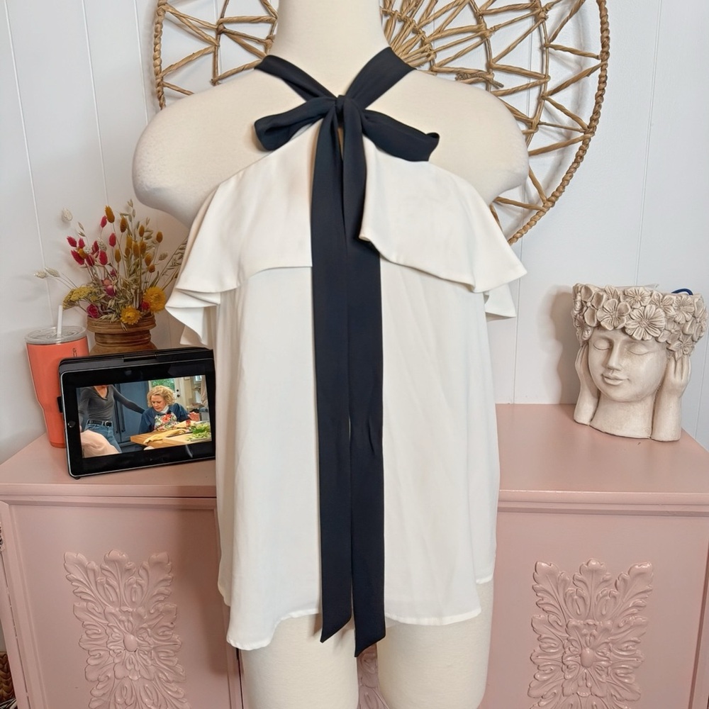LOFT White Blouse‎ with Black Bow Accent